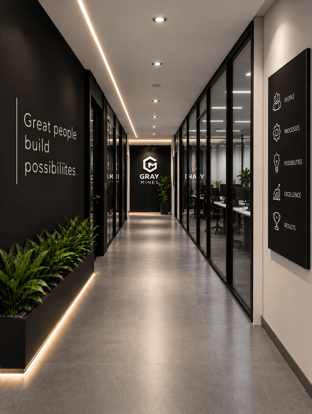 A corridor in the Gray Mines office, glass-walled rooms on one side and the logo on the wall at its end